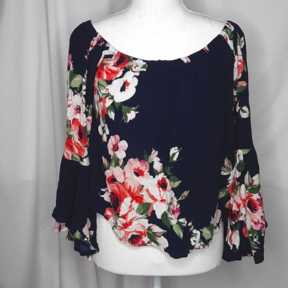 Charlotte Russe Women's Gauzy Floral Bell Sleeve Top Navy XS